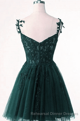 V-Neckline Dark Green Tulle With Lace Short Homecoming Dress, Green Short Semi Formal Prom Dress